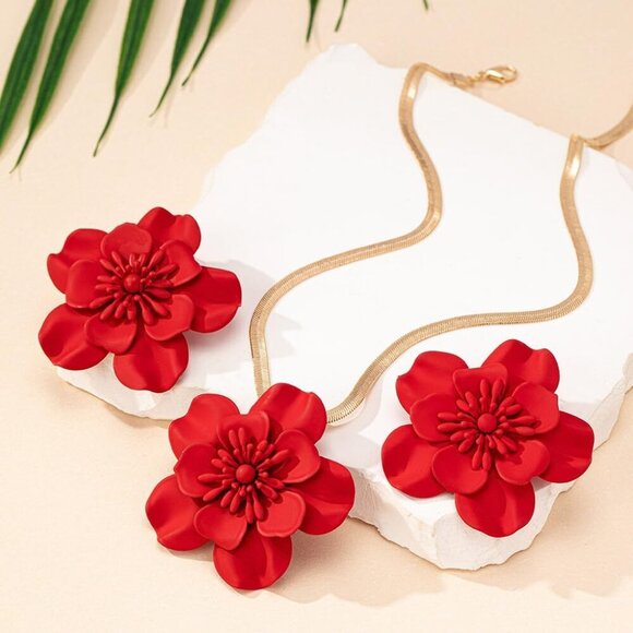 Vintage Flower Necklace Earring Set Gold Snake Chain Bridal Summer Jewelry - Picture 3 of 6